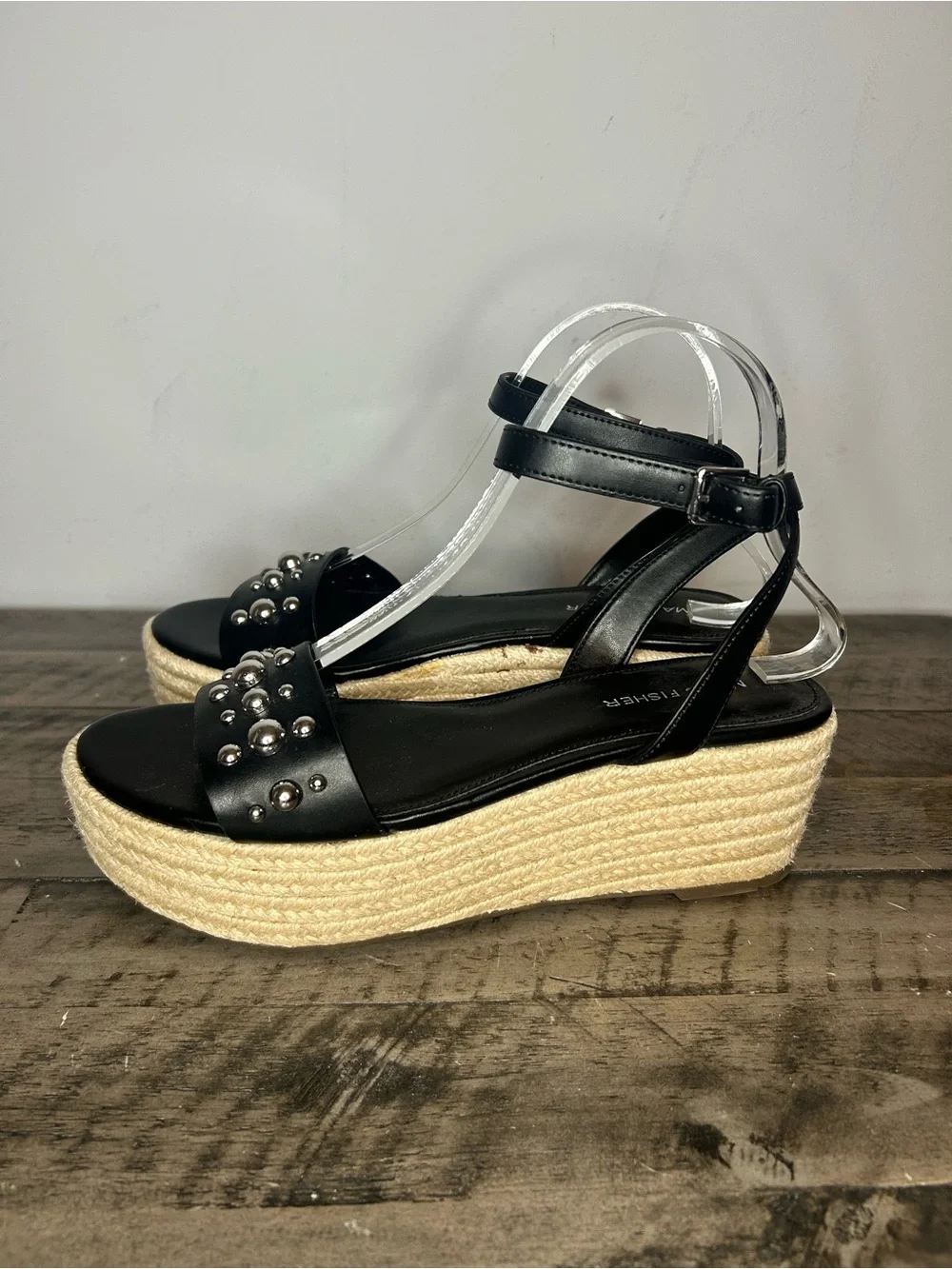 Marc Fisher Black Studded Espadrille Platform Sandal with Ankle Strap